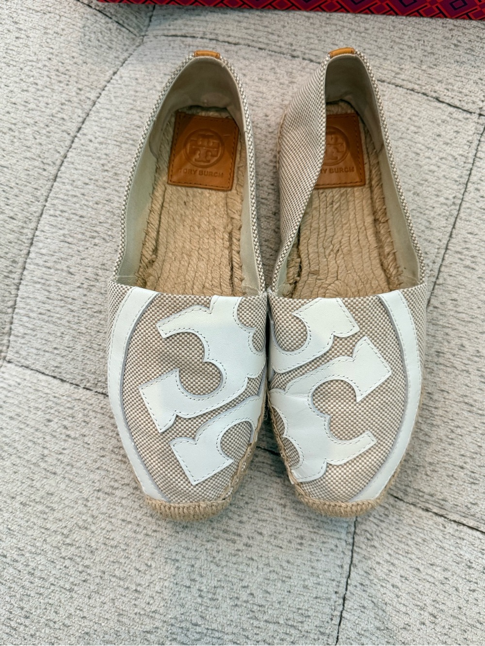 Tory Burch Neutral Canvas Espadrille Flats with White Logo